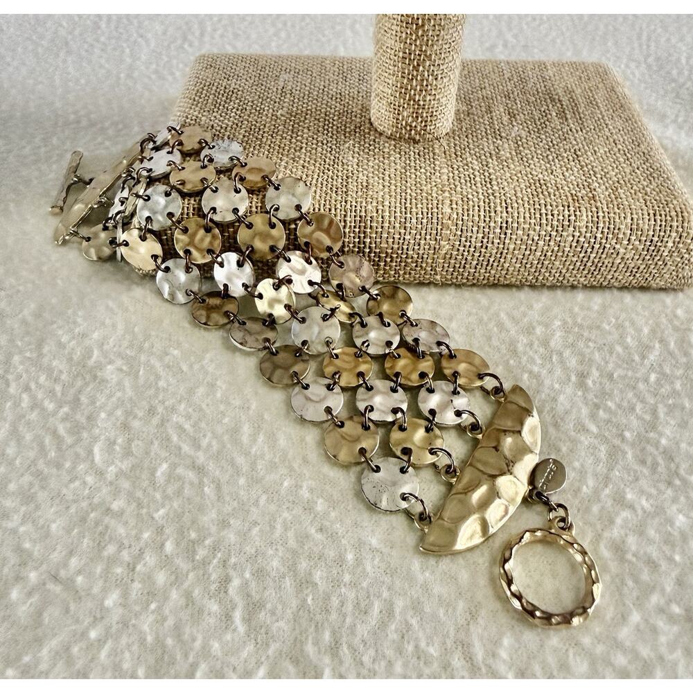 Chico's Signed Silver & Gold Toned Chain Bracelet Matte Textured Shiny Oval Disc